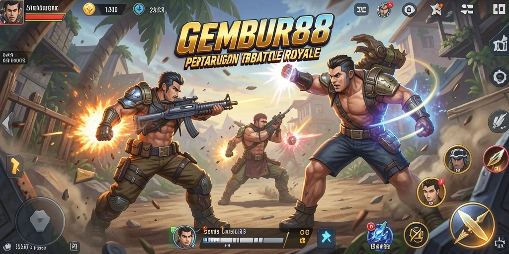 Screenshot menunjukkan aksi intens dalam permainan Battle Royale GEMBUR88.