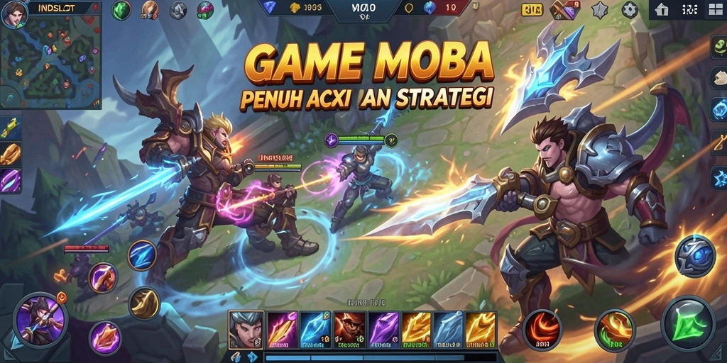 Tampilan gameplay menarik dalam pertempuran MOBA yang seru.