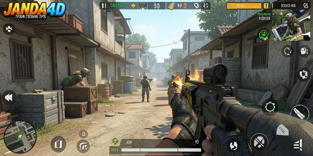 Screenshot utama JANDA4D menunjukkan aksi intens di lapangan perang TPS.