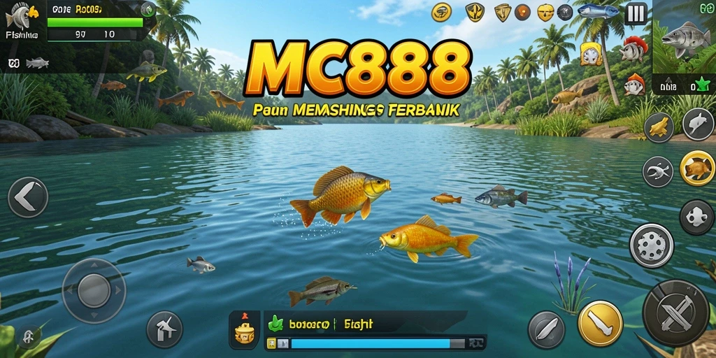 Screenshot gameplay MC888 menampilkan aksi memancing yang mendebarkan.