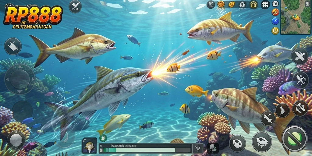 Tampilan seru dari gameplay menembak ikan di RP888.