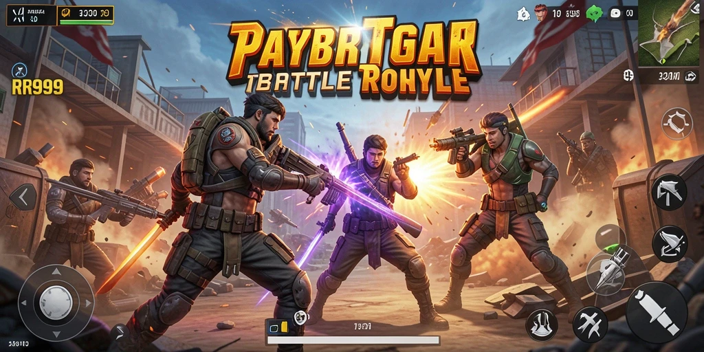 Tangkapan layar utama RR999 menampilkan aksi seru dalam permainan Battle Royale.