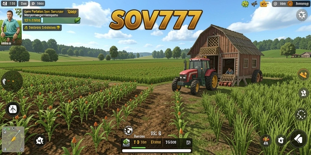 Screenshot utama SOV777 menampilkan aktivitas bertani yang seru.