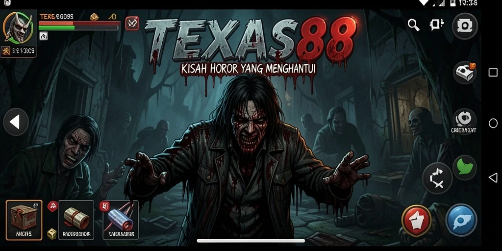 Screenshot gameplay TEXAS88 dengan suasana horor yang mencekam.